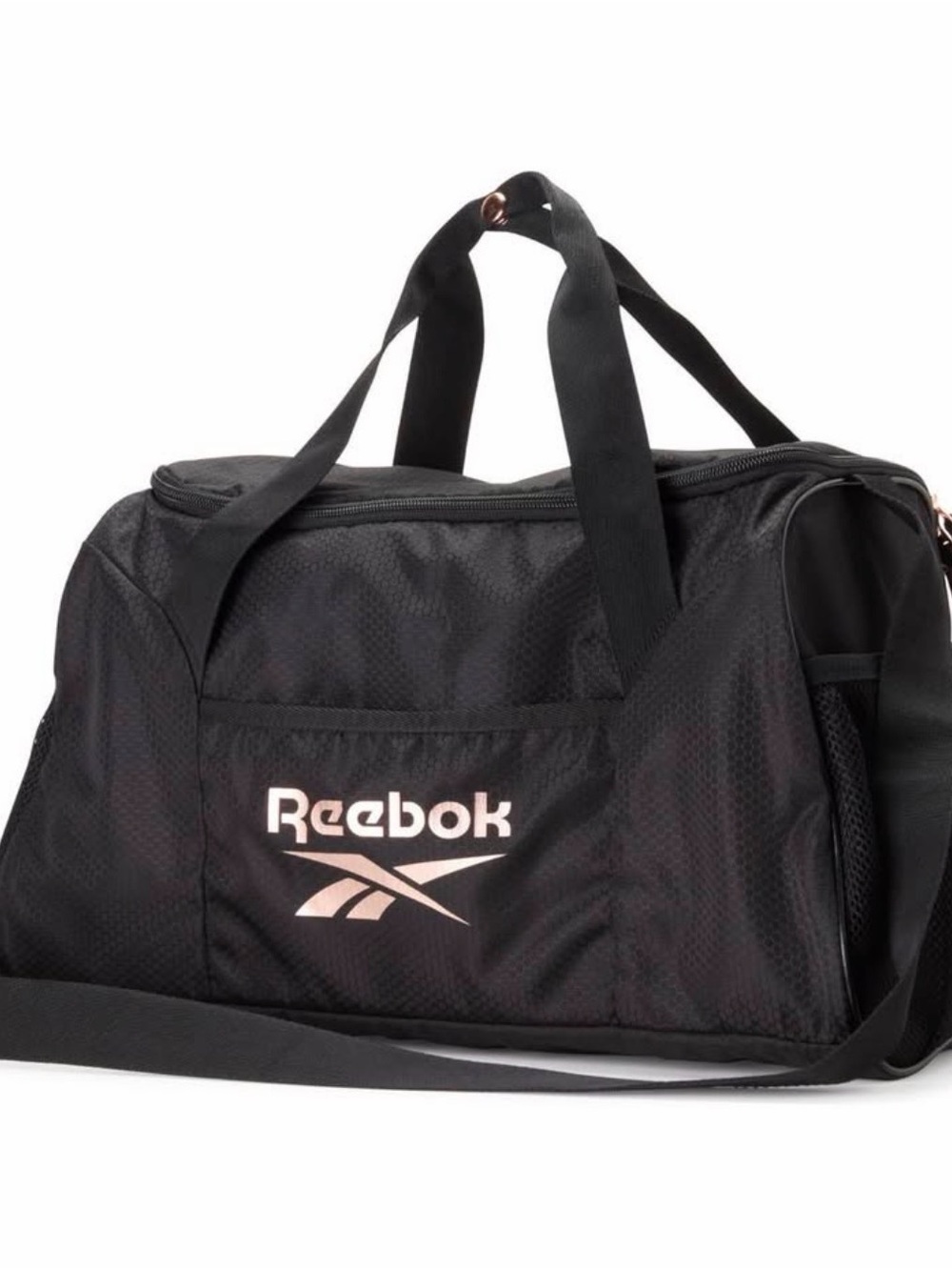 Reebok Black Duffel Bag with Rose Gold Logo Accent